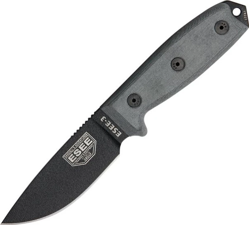 ESEE 3 Knife Fixed Blade Knife Gray Micarta [3.875" Plain Black] Drop Point 17707