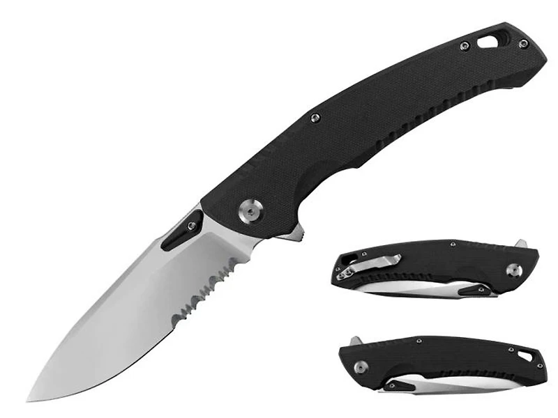 Stec Black G-10 Ball Bearing Flipper Pocket Knife Serrated