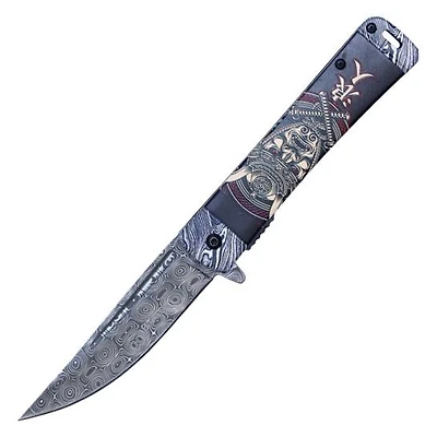 Samurai Warrior Face Damascus Etched Blade AO Pocket Knife