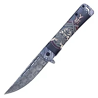 Samurai Warrior Face Damascus Etched Blade AO Pocket Knife