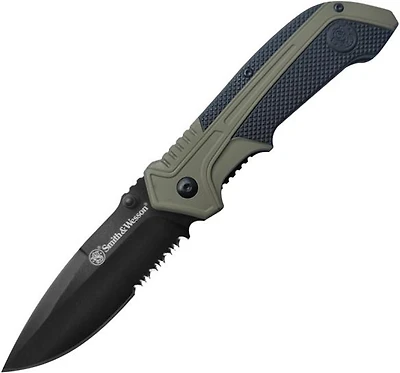 Smith & Wesson Spring Assisted Knife Liner Lock OD Green Aluminum [3.27" Serrated Black] Tanto