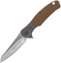 Smith & Wesson Stave Manual Knife Liner Lock Tan G-10 [3.3" Plain Satin] Clip Point