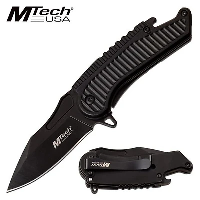 Mtech Black Bottle Opener Spring Assisted Pocket Knife