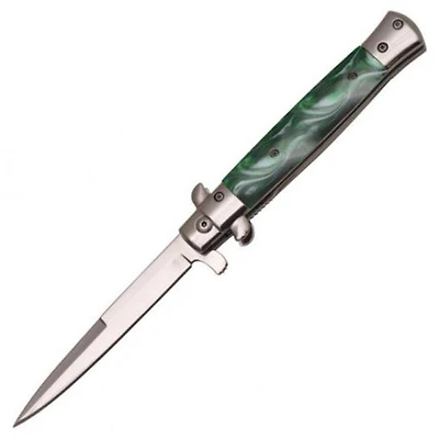 9" Stiletto Green Pearl Spring Assisted Pocket Knife