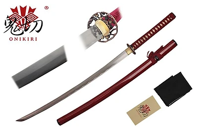 41" HANDMADE KATANA W/ DAMASCUS & FLOWER TSUBA (RED VERSION)