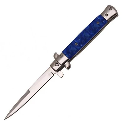9" Stiletto Blue Pearl Spring Assisted Pocket Knife