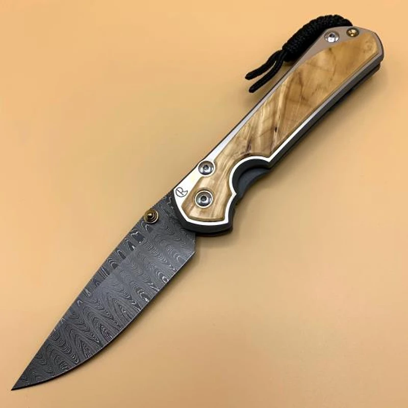CRK Large Sebenza 31 Manual Knife (Inlay Box Elder) [3.625" Plain Damascus] Drop Point