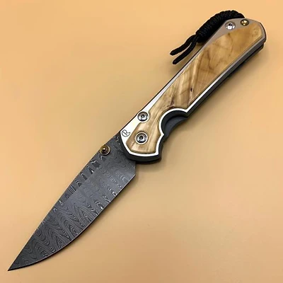 CRK Large Sebenza 31 Manual Knife (Inlay Box Elder) [3.625" Plain Damascus] Drop Point