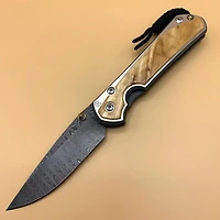CRK Large Sebenza 31 Manual Knife (Inlay Box Elder) [3.625" Plain Damascus] Drop Point