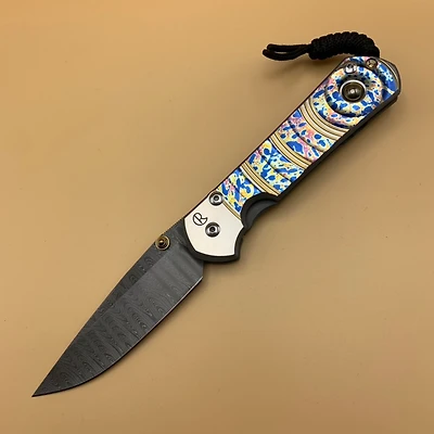 CRK Large Sebenza 31 Manual Knife (Unique Design w/ Cabochon) [3.61" Plain Damascus Ladder] Drop Point