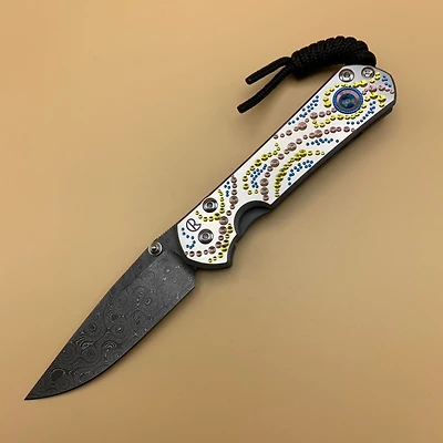 CRK Small Sebenza 31 Manual Knife (Unique Design w/ Cabochon) [2.99 Plain Damascus Raindrop] (Triple Mosaic Opal) Drop Point *