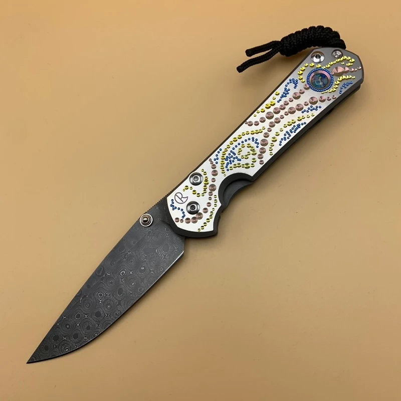 CRK Large Sebenza 31 Manual Knife (Unique Design w/ Cabochon) [3.61" Plain Damascus Raindrop] Drop Point