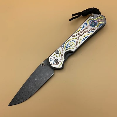 CRK Large Sebenza 31 Manual Knife (Unique Design w/ Cabochon) [3.61" Plain Damascus Raindrop] Drop Point