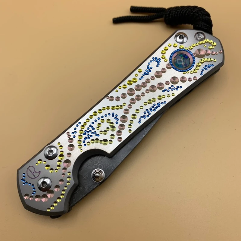 CRK Large Sebenza 31 Manual Knife (Unique Design w/ Cabochon) [3.61" Plain Damascus Raindrop] Drop Point