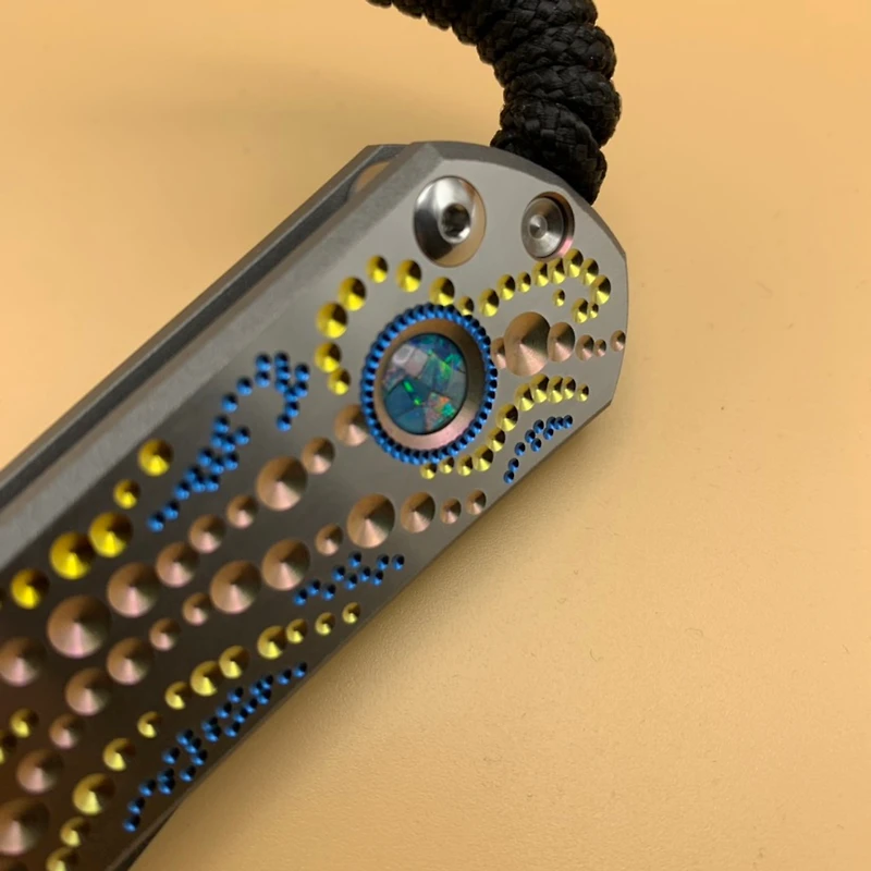 CRK Large Sebenza 31 Manual Knife (Unique Design w/ Cabochon) [3.61" Plain Damascus Raindrop] Drop Point