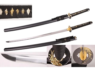 Black Samurai Sword w/ Gold Tusba (1045 Carbon) Handmade