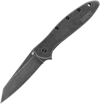 Kershaw Random Leek Spring Assisted Knife  Black Stainless Steel [3.00" Plain Black Stonewash] Reverse Tanto 1660RBW