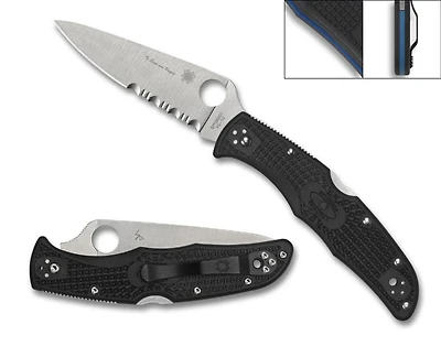 Endura 4 Thin Blue Line Black FRN Pocket Knife Serrated (3.75" Satin VG-10) Spyderco C10FPSBKBL