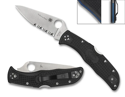 Endela 4 Thin Blue Line Black FRN Pocket Knife Serrated (3.40" Satin VG-10) Spyderco C243FPSBKBL