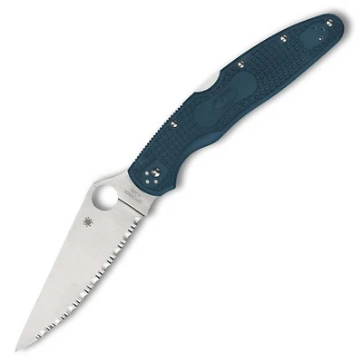 Police (BLUE) Lightweight FRN Full Serrated (4.30" Satin K390) Spyderco C07FS4K390