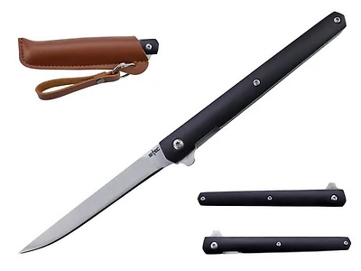 Stec Slim ( Wood Handle) Ball Bearing Folding Knife with Brown Leather Sheath 8.5