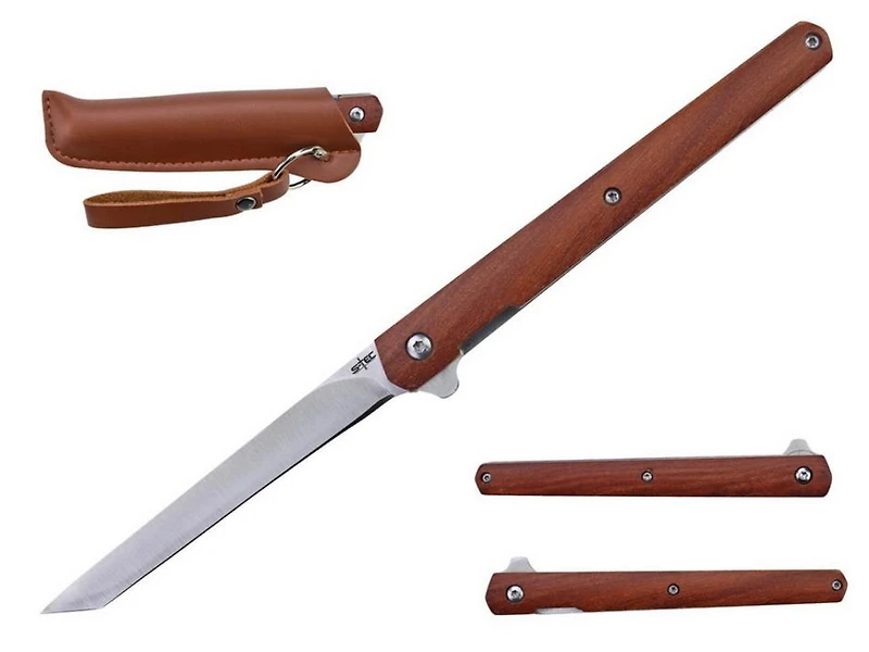 Stec Slim Tanto (Wood Handle) Ball Bearing Folding Knife with Brown Leather Sheath 8.5″