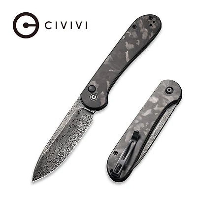 CIVIVI Button Lock Elementum Marble Carbon Fiber Black (3.47" Black Damascus) C2103DS-3