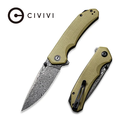 CIVIVI Brazen Flipper Knife Olive Micarta Handle (3.46" Black Damascus) C2102DS-2