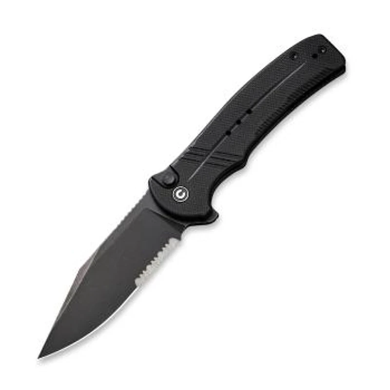 CIVIVI Cogent Serrated Button Lock Knife Black G-10 (3.47" Black Stonewashed 14C28N) C20038E-1