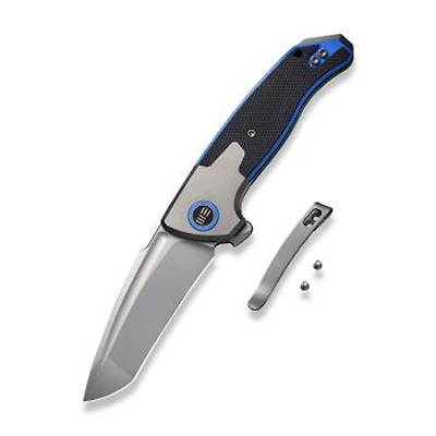WE Press Check Knife [Tanto] Gray Titanium + Black/Blue G-10 (3.15" Bead Blasted 20CV) WE20078A-2