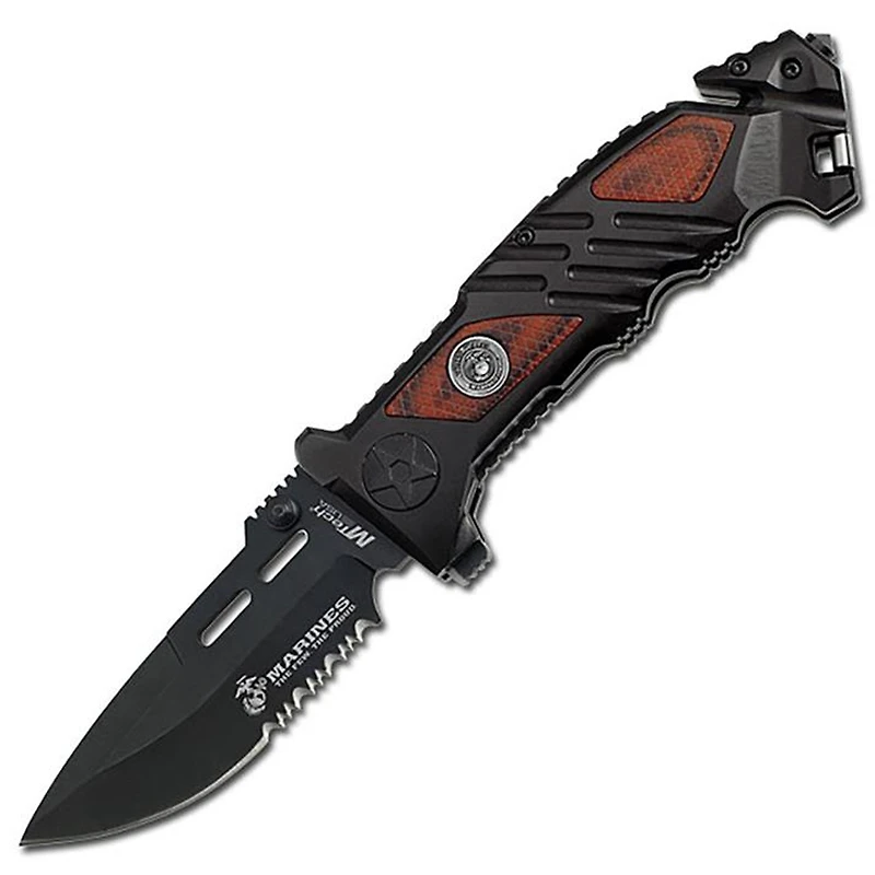 MTech USMC Rescue Star (BLACK/WOOD) A/O Pocket Knife (3Cr13)