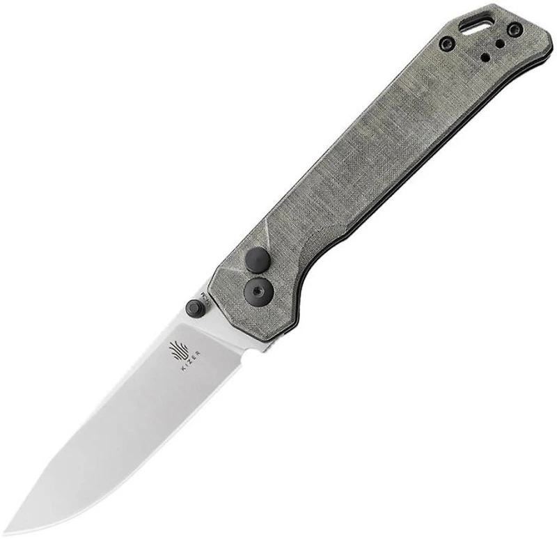 Begleiter 2 Button Lock (Micarta Green) Pocket Knife [3.39" Satin 154CM] Kizer Cutlery V4458.2BC1