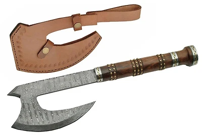 Damascus Fancy Hatchet Wood Handle Fixed Blade (16.5" Overall)