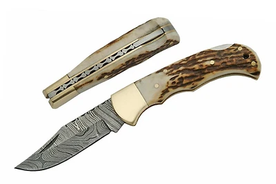 Damascus Plain Brass Bolster & Stag Grip Handle Folding Knife (3" Blade Length)