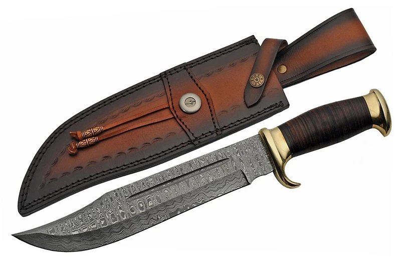 Damascus Bowie Stacked Leather Handle Fixed Blade (15" Overall)