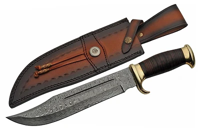 Damascus Bowie Stacked Leather Handle Fixed Blade (15" Overall)