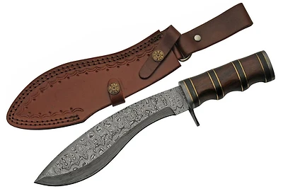 Damascus Fancy Kukri Wood Handle Fixed Blade (12.5" Overall)
