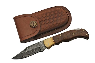 Damascus Wooden Handle Folding Knife (3" Blade Length)
