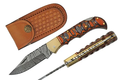 Damascus Twisted Black & Brown Wood Handle Folding Knife (3" Blade Length)