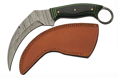 Damascus Karambit Black/Green Micarta Handle Fixed Blade (9" Overall)