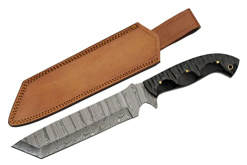 Damascus Tactical Hunter Machete Black Micarta Handle Fixed Blade (13" Overall)
