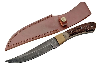 Damascus Skinner Stag Handle Fixed Blade (10.5" Overall)