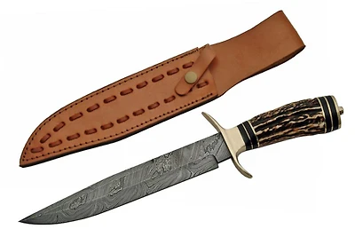 Damascus Iron Maiden Bowie Stag Handle Fixed Blade (13.5" Overall)