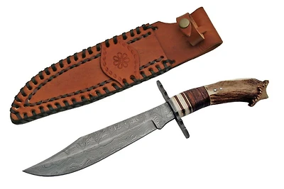 Damascus Crown Bowie Stag Handle Fixed Blade (13.5" Overall)