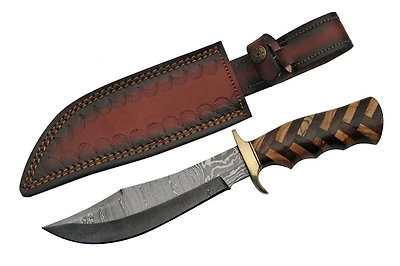 Damascus Braided Hunter Walnut & Olivewood Handle Fixed Blade (12.5" Overall)