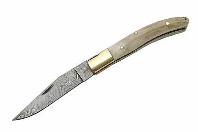 Damascus Stag / Brass Bolster Handle Folding Knife (4.5" Closed)