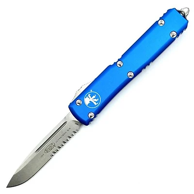 Microtech Ultratech Blue OTF Knife Serrated (3.46" Stonewash) 121-11BL