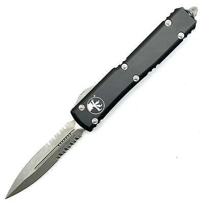 Microtech Ultratech Black OTF Knife Double Edge Serrated (3.46" Apocalyptic) 122-11AP