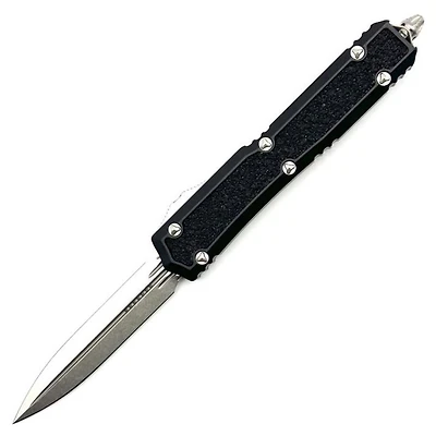 Microtech Makora Black w/ Black Traction OTF Knife Double Edge (3.3" Stonewash) 206-10S