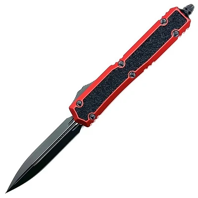 Microtech Makora Red w/ Black Traction Inlays OTF Knife Double Edge (3.3" Black) 206-1RDS